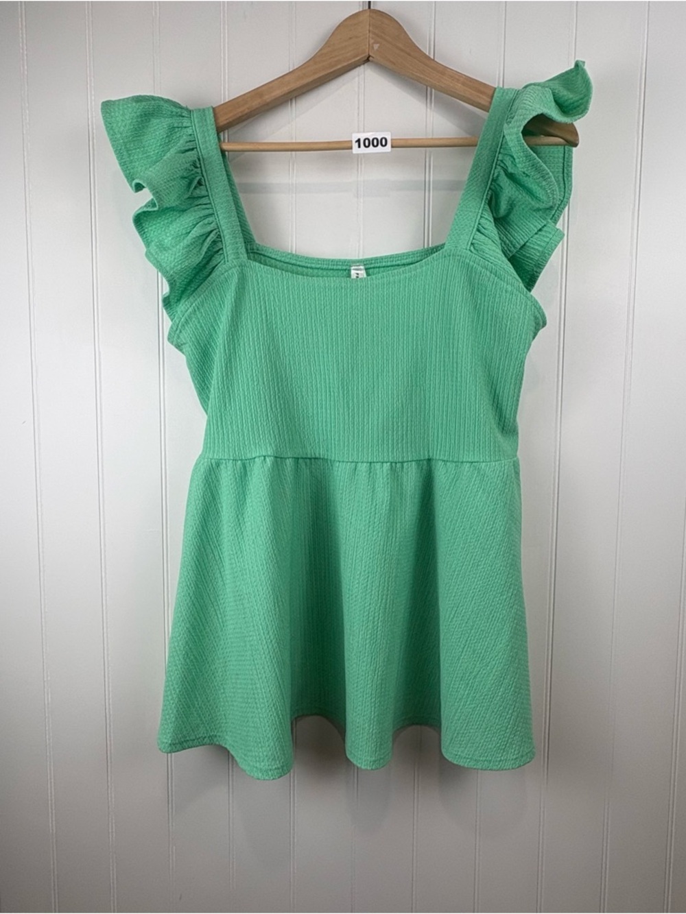 French Twist Ruffle Strap Babydoll Top Green Textured Flowy L